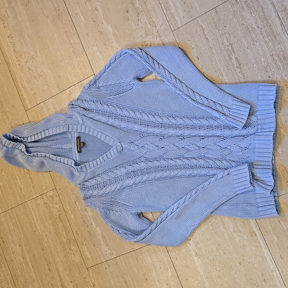 Tommy Bahama 100% Cotton Baby Blue Cable Knit Hooded Sweater
